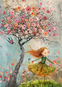 Spring Dance whimsical girl in the forest artist trading card 2.5x3.5 ACEO - Picture 1 of 3