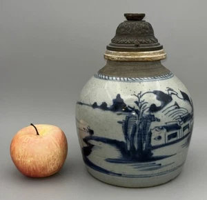 Antique Chinese Ginger Jar Landscape with Metal Top 17cm wide Blue and White - Bild 1 von 20