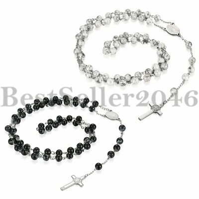 男式嘻哈玻璃串珠链耶稣念珠十字架吊坠长项链 33 — 第 1/4 张图片