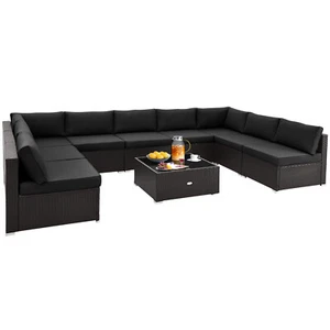 Patio 10 PCS Rattan Furniture Set Outdoor Wicker Sofa Table Cushioned Seat Black - Picture 1 of 10