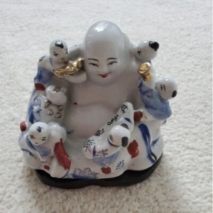 Vintage Chinese porcelain laughing Buddha with children statue - Picture 1 of 12