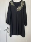 M&S Black Dress With Gold Floral Embroidery, Size 10