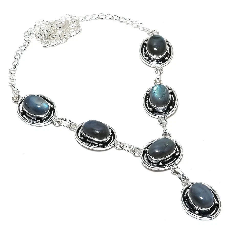 Collar de joyería de plata de ley 925 hecho a mano con piedras preciosas de labradorita talla 18"" Foto 1 de 1