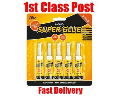 BLOC 5 Pack 3g SUPER GLUE Strong Bond Adhesive Plastic Glass Wood Rubber Metal UK