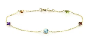 14K Yellow Gold Anklet Bracelet With Round Gemstones 9.5 Inches - Picture 1 of 2
