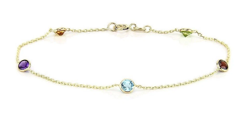 Brazalete tobillera de oro amarillo de 14K con piedras preciosas redondas de 9,5 pulgadas Foto 1 de 2