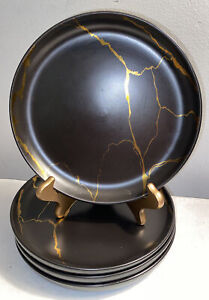 Thyme And Table Set Of (4) Black And Gold Marble Salad Plates 8 1/4” 