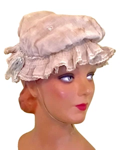 Antique Edwardian Sleep Bonnet or Night Cap with Ribbon and Ruffles - Picture 1 of 4