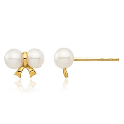 14K Solid Yellow Gold 3mm White Round Freshwater Cultured Pearl Bow Stud ... - Image 1 of 4