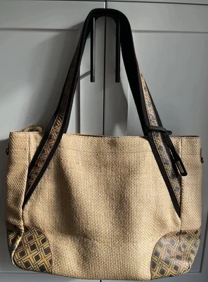 ICON LA сплетенный и кожаный сумка с короткими ручками наплечная сумка сумочка большой натуральный и черный Италии - Изображение 1 из 4