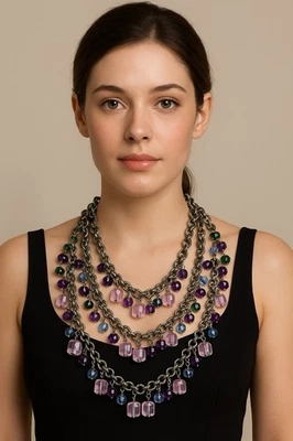 Collar Vintage Joyería Patrimonial Usado Rosa Púrpura Arte Vidrio Flecos Pasarela Foto 1 de 4