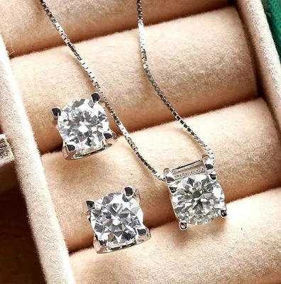 VVS1 Moissanite 3Ct Round Cut Women Earrings Pendant Set 14K White Gold Plated - Image 1 of 4