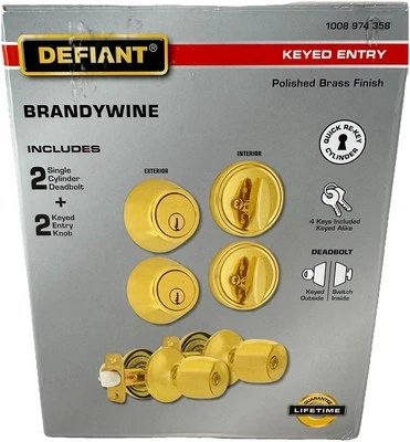 Defiant Brandywine 2 cerrojo y 2 perillas de puerta de entrada con llave en latón pulido Foto 1 de 4