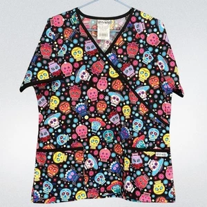 Ladies Halloween Dia De Los Muertos Scrub Top Sugar Skull V-Neck Pockets Med - Picture 1 of 5