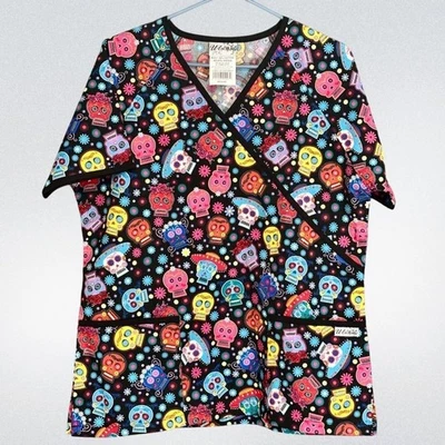 Ladies Halloween Dia De Los Muertos Scrub Top Sugar Skull V-Neck Pockets Med - Image 1 of 4