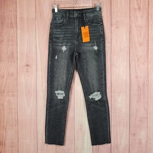 RISEN Women's High Rise Distressed Straight Jeans Sz 3 / 26 Raw Frayed Hem NEW - Picture 1 of 12