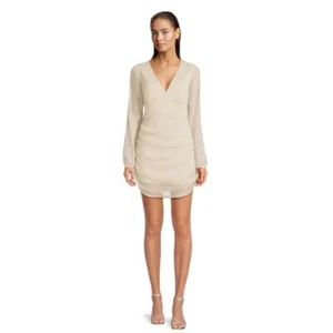 Sparkly Plunging Neckline and Ruched Mini Dress- Liv & Lottie, Silver Large - Picture 1 of 7