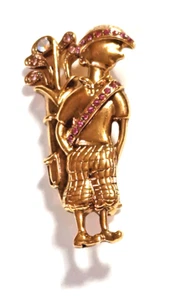 Gold Tone Golfer or Caddie adorn with Pink & AB Rhinestones BROOCH PIN - Picture 1 of 3