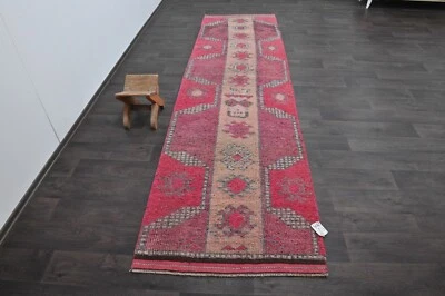 Vintage Turkish Runner Rug 3x12ft Wool Anatolian Handmade Hallway Oushak PINK - Image 1 of 4