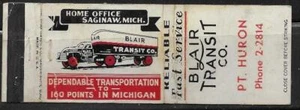 Vintage Pre 1950's Blair's Transit Co. Port Huron   Michigan  Matchbook - Picture 1 of 1