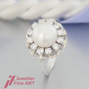 Schnäppchen: RING mit 1 Perle und 12 Diamanten ca. 0,36ct - 14K/585 Weißgold - Bild 1 von 5