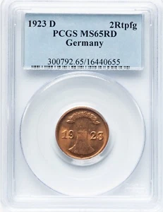 Germany - 1923-D Weimar Republic - 2 Rentenpfenning - PCGS MS65RD - PCGS FINEST! - Picture 1 of 2