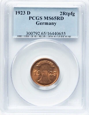 Germany - 1923-D Weimar Republic - 2 Rentenpfenning - PCGS MS65RD - PCGS FINEST! - Image 1 of 2