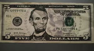 Lucky banconota da 5 dollari numero di serie fantasioso 72777770 rara banconota da cinque dollari 2017 - Foto 1 di 4
