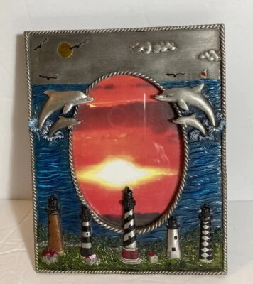 灯塔和海豚锡质相框海豚 7x5.5 英寸可容纳 4.25 英寸 x 3.25 英寸 — 第 1/4 张图片