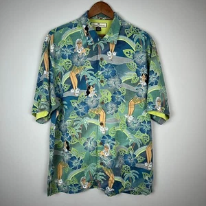 Tommy Bahama Shirt Mens Medium Blue Green Camp Hawaiian Hula Pinup Girls Buttons - Picture 1 of 14