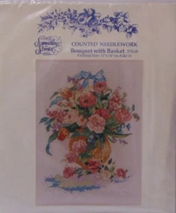 New 1990s Counted Needlework Bouquet with Basket Floral Flowers Kit Made in USA - Picture 1 of 10