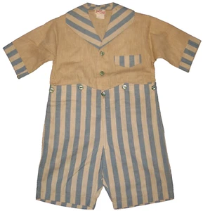 VtG 40s Boy's Jack & Jill 2pc Tan Linen Sailor Top Button-On Blue Striped Shorts - Picture 1 of 7