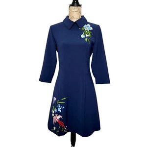 D&R klassisches besticktes Blumen Doppelkragen Kleid Damen Übergröße XXL blau - Bild 1 von 16