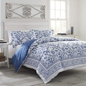 Laura Ashley Cotton Quilt Cover Set QUEEN Bed Charlotte Blue White Floral - Picture 1 of 12