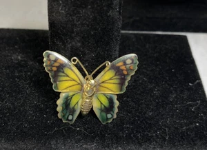 Vintage Enamel Butterly Brooch Hat Lapel Pin Gold tone Yellow Blue Green - Picture 1 of 7