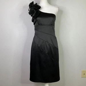 Jessica Simpson One Shoulder Mini Black Dress Women Size 6 Satin Origami Rosette - Picture 1 of 11