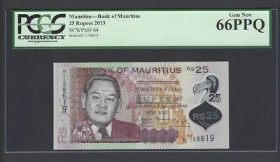 Mauritius 25 Rupees 2013 P64 Uncirculated Graded 66 - Image 1 of 2