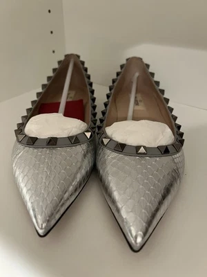 Valentino Garavani Rockstud Snakeskin Leather Flats 37.5 Brand New - Image 1 of 4