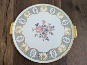 Antique 1915 E.S. Kaiser W. Germany Cake Plate Blue Pink Gold Cabbage Roses - Picture 1 of 8