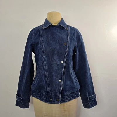 Vintage Jean Jacket Snap Button Double Breasted Women Size M Dark Denim 90s  - Image 1 of 4
