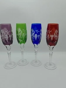 Set of 4 Ajka Cut Crystal Champagne Flute 9" tall Stemware | Grapes & Starburst - Picture 1 of 13