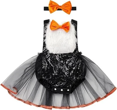 Baby Penguin Tutu Romper Dress Halloween Costume 6-12 Months With Headband Bow - Image 1 of 4