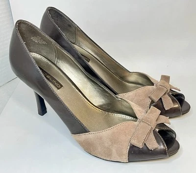 Bandolino High Heels Pumps Shoes  Open Toe Bow Brown /Tan Suede Leather Size 9 - Image 1 of 4