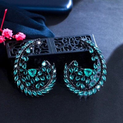 Top Black Gold Plated Green CZ Big Marquise Leaf Drop Half Round Stud Earrings - image 1 of 4