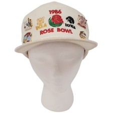 Vintage 1986 Rose Bowl UCLA Bruins Iowa Hawkeyes White Calhead Corduroy Hat+Pins