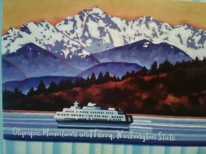 BEAUTIFUL POST CARD OLYMPIC MOUNTAINS & FERRY STATE OF WASHINGTON - Picture 1 of 12