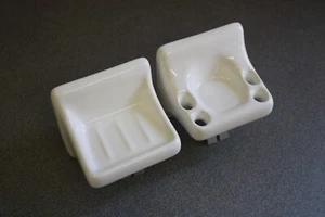 ACP Thin-Set Glossy White Ceramic Soap Dish & Toothbrush Holder Bathroom Set - Picture 1 of 16