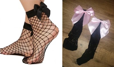 SUPER CUTE Black Fishnet Socks medium holes big Baby Pink bow UK Fast Post BNWT — 第 1/4 张图片