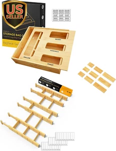 Bag Storage Organizer for Kitchen Drawer, (1 Box 4 Slots) Bamboo Drawer Divid... - Picture 1 of 12