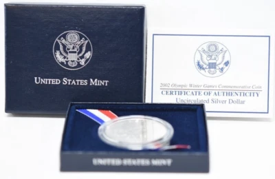 (1) 2002 P Salt Lake Winter Olympic Games Silver $1 Dollar MS/UNC Coin wBox& COA - Image 1 of 4